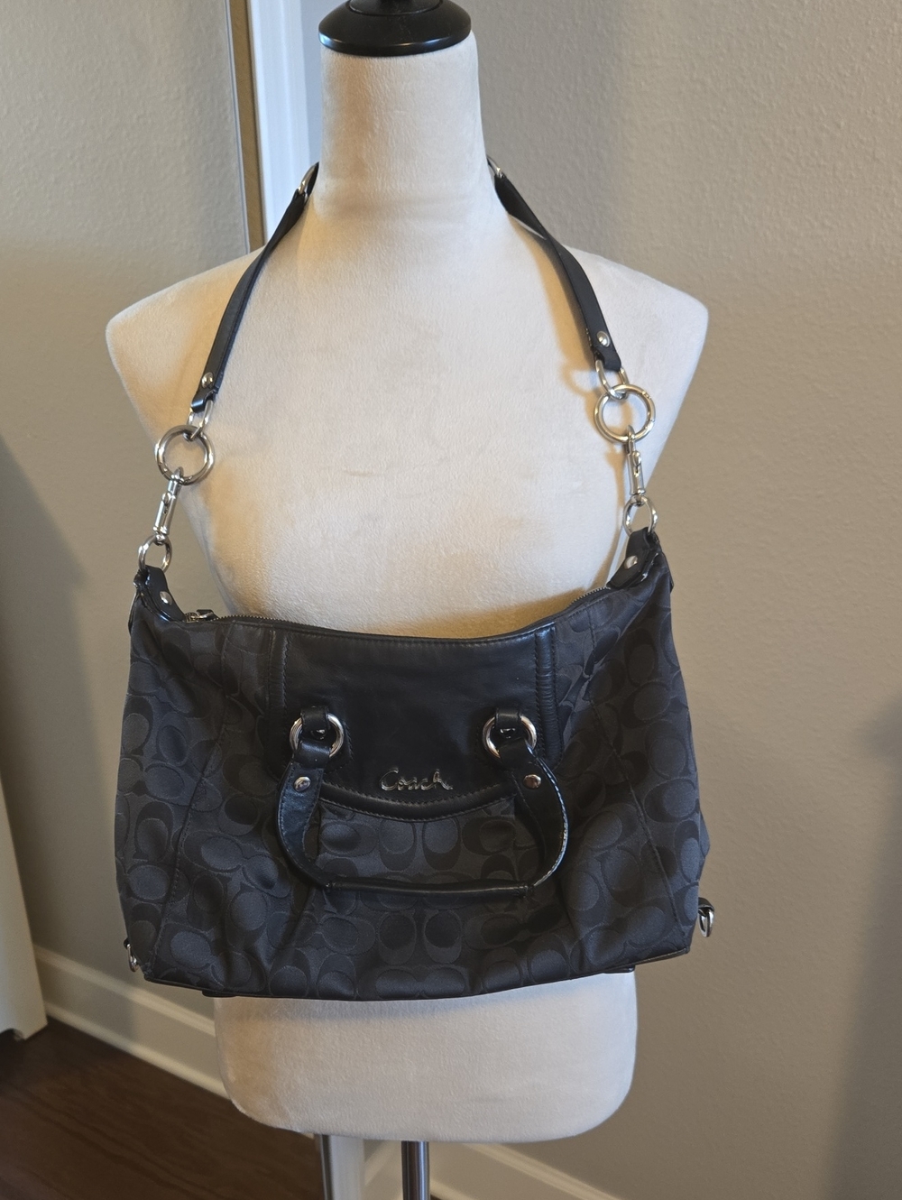 Coach Black Signature Jacquard Fabric And Shoulder Bag with Silver Hardware